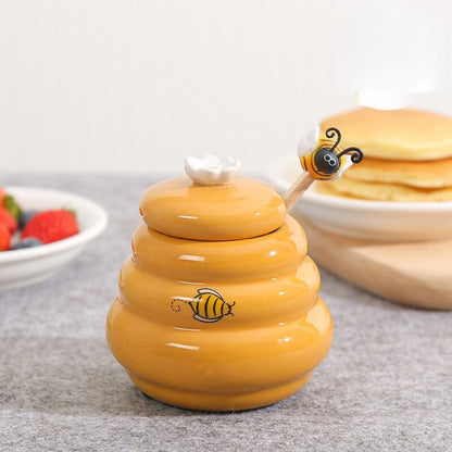 Beehive Honey Pot with Wooden Dipper and Stir Bar - Ceramic Honey Jar with Lid - Lia's Room