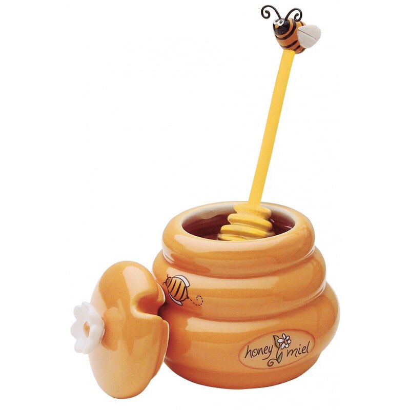 Beehive Honey Pot with Wooden Dipper and Stir Bar - Ceramic Honey Jar with Lid - Lia's Room