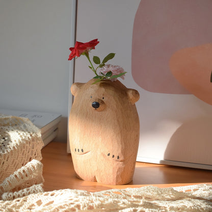 Bear-y Cute: Wood Carving Bear with Flower Vase - Lia's Room