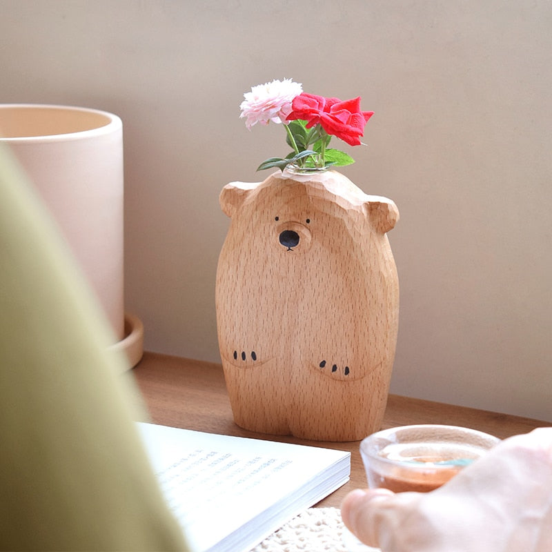 Bear-y Cute: Wood Carving Bear with Flower Vase - Lia's Room