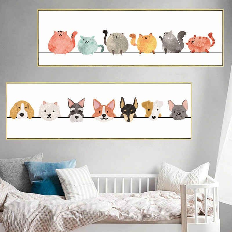 Cute Animal Cats and Dogs Art Canvas Poster for Wall - Lia's Room